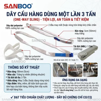 Cáp vải dẹt may 2 đầu dùng 1 lần 3 tấn bản 50mm SANBOO chính hãng