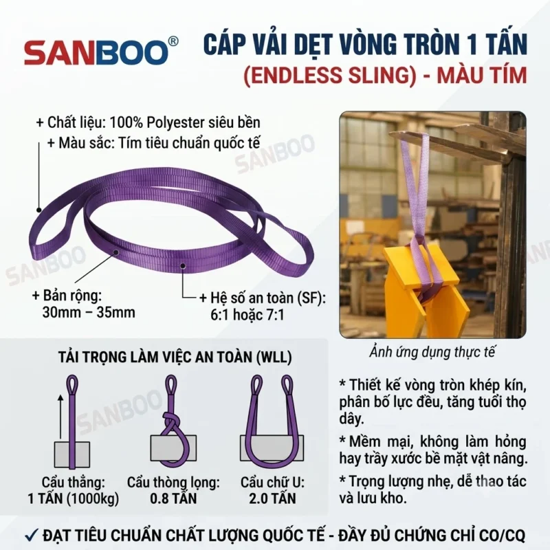 Cáp vải dẹt vòng tròn 1 tấn